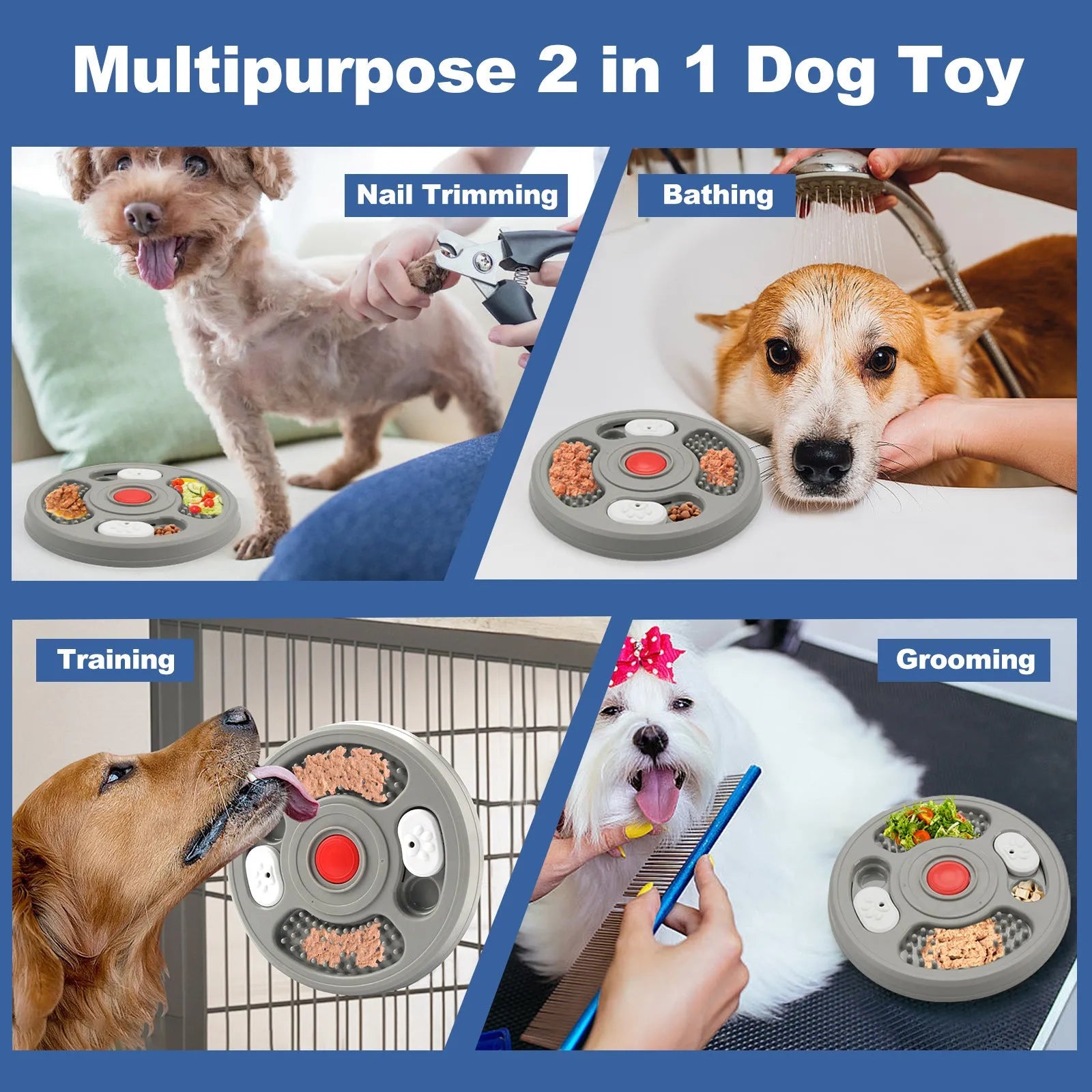 Blue and grey plastic dog slow feeder bowl with anti-slip base and food puzzle grooves