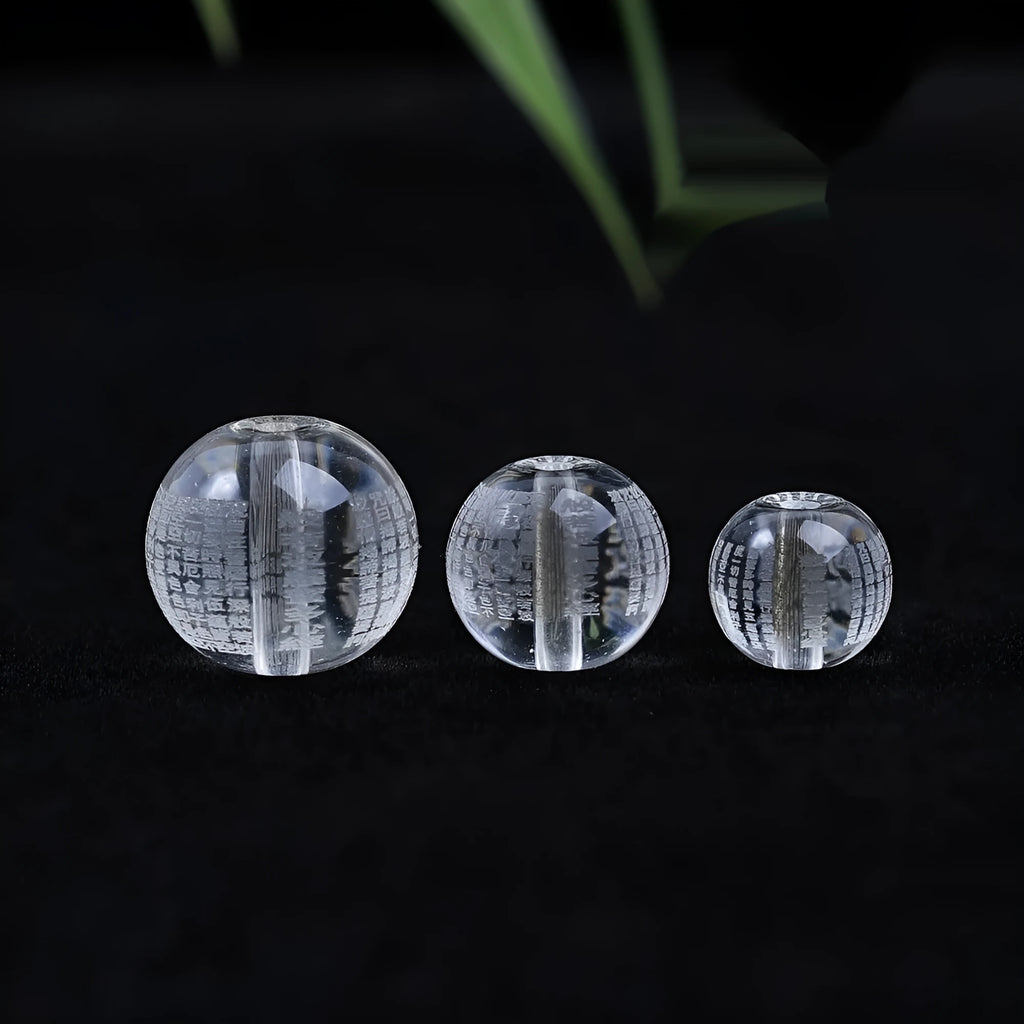 10mm glass mala beads with engraved Heart Sutra Buddhist mantras for meditation and prayer