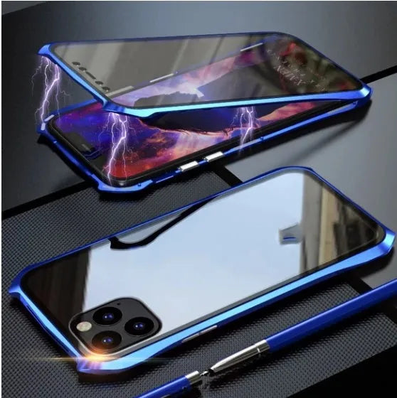 Metal glass magnetic king protective phone cover for iPhone 11 in black, red, blue, and silver colours.