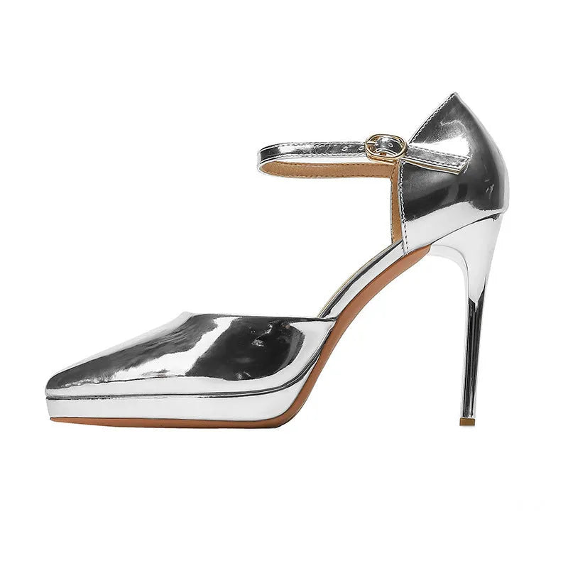 Women's pointed-toe high heels with 10.5cm stiletto heel, waterproof platform, leather upper, hollow design