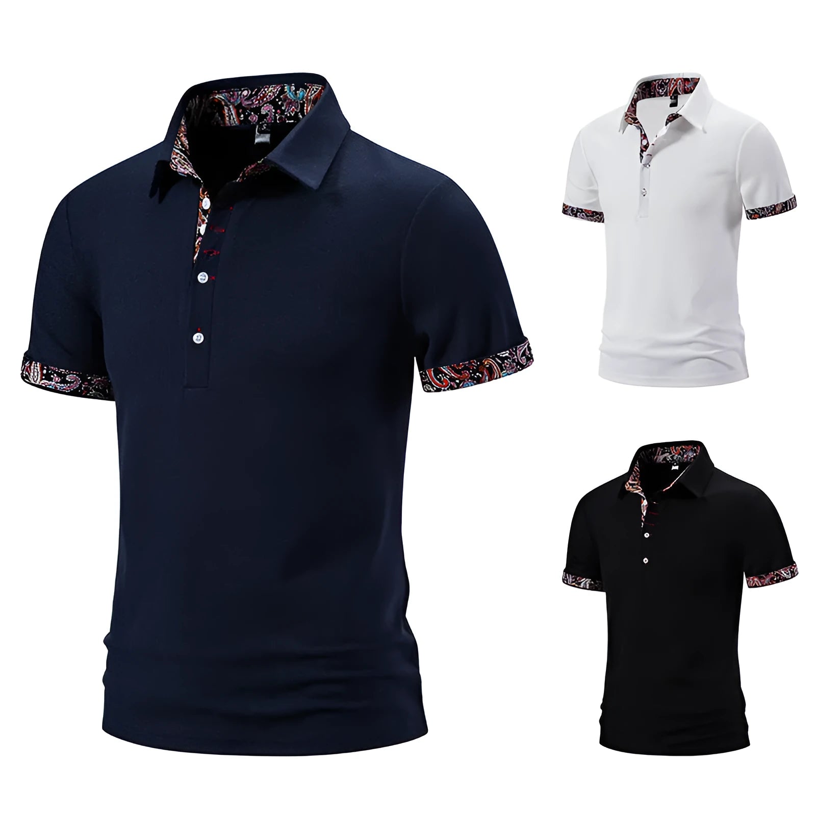 Men's navy blue cotton blend polo shirt with a turnover collar and short sleeves on a hanger.