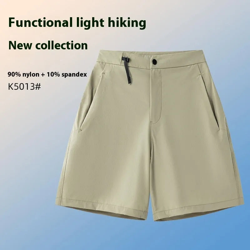 Man wearing khaki 3D-cut quick-dry sports shorts, demonstrating stretch fabric during a lunge.