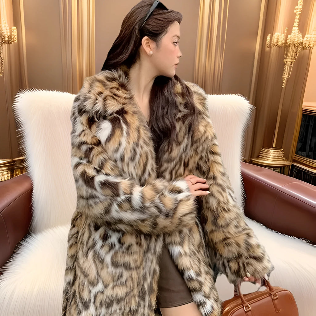 A woman's long faux fur coat with a fur collar in a street fashion style.
