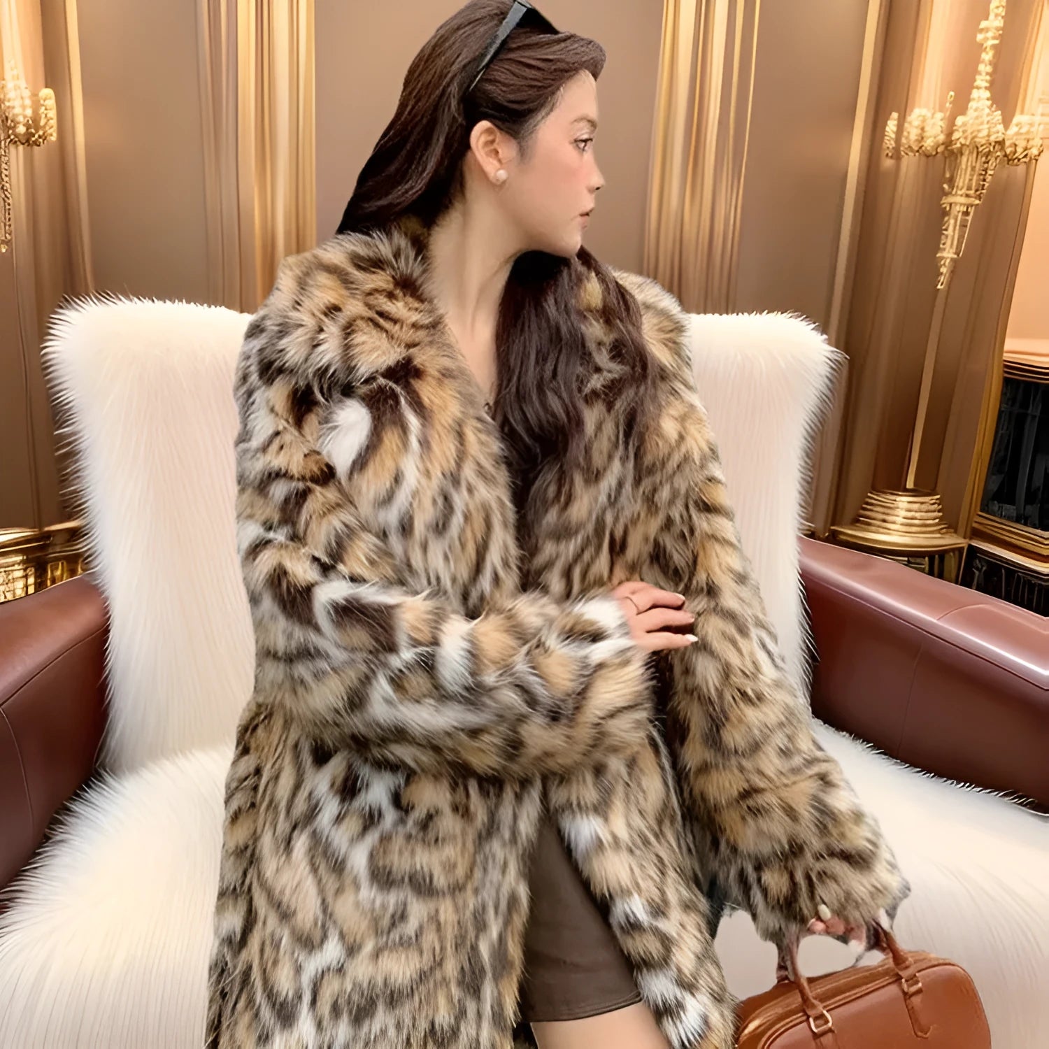 A woman's long faux fur coat with a fur collar in a street fashion style.