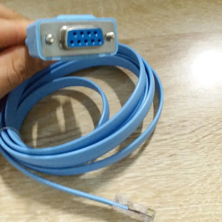 Sky blue 1.5m RJ45 to RS232 serial console cable with copper 28AWG 8C flat wire and 9-pin female connector