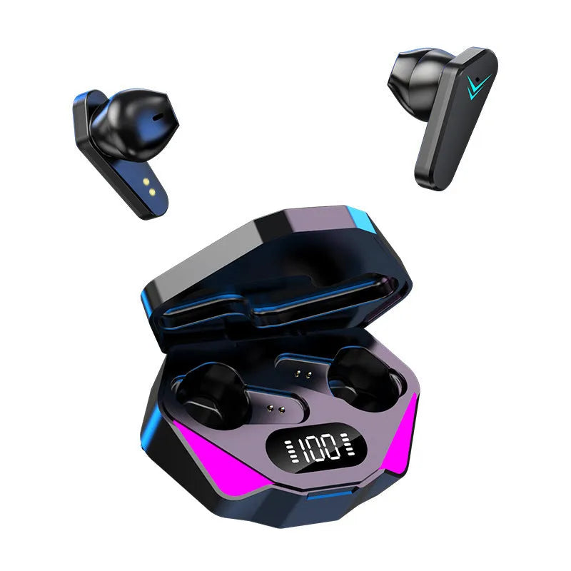 X15 black wireless in-ear Bluetooth headphones with charging case and cable.