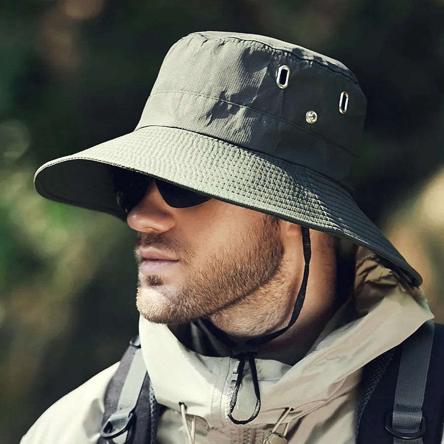Men's big brim sun protection hat in khaki polyester fabric with dome crown, adult free size 58-60cm