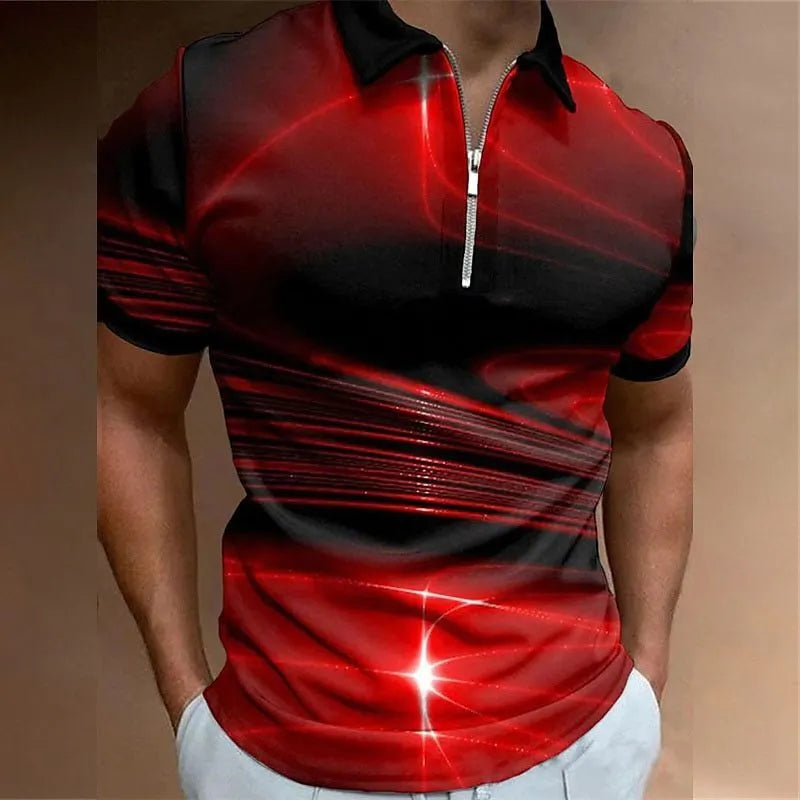Men's blue zip-front polo shirt with a lapel collar and short sleeves, made from bird eye cloth.