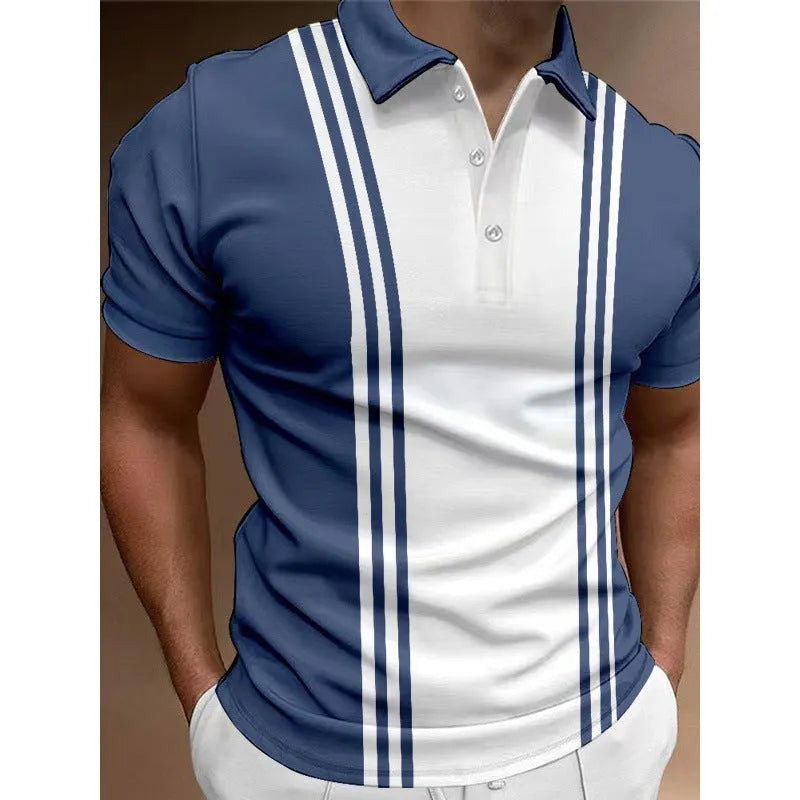 Men's blue casual t-shirt with a three-button lapel collar and short sleeves on a grey background.