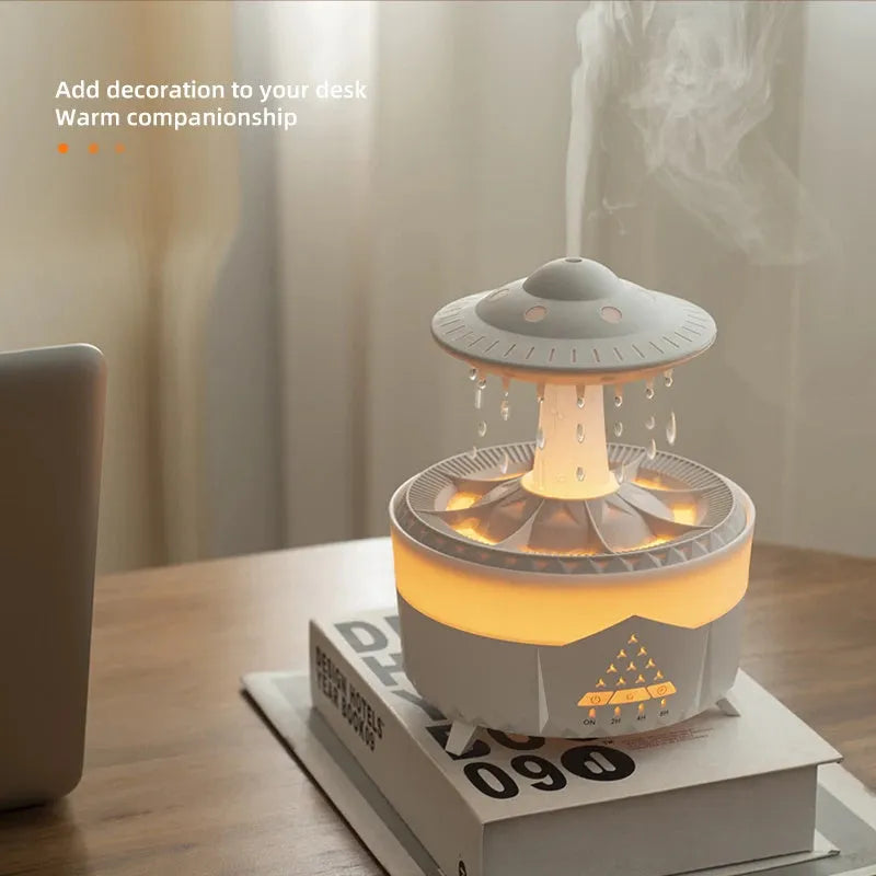 White cloud-shaped USB humidifier with LED night light and water droplet display