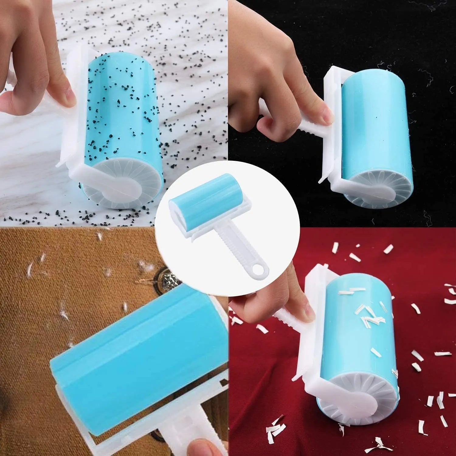 Blue reusable washable lint roller with cover for removing pet hair from clothes.