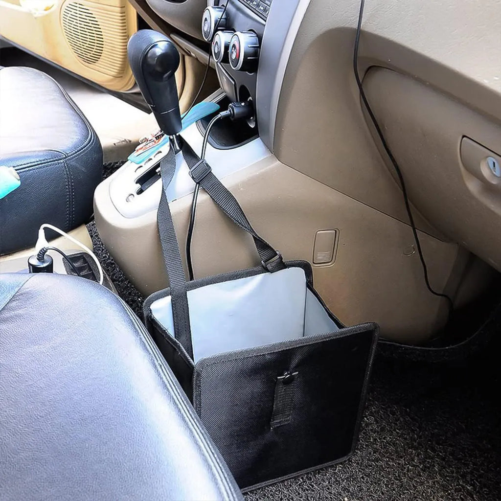 Black waterproof oxford cloth folding trash can for cars, shown with dimensions.