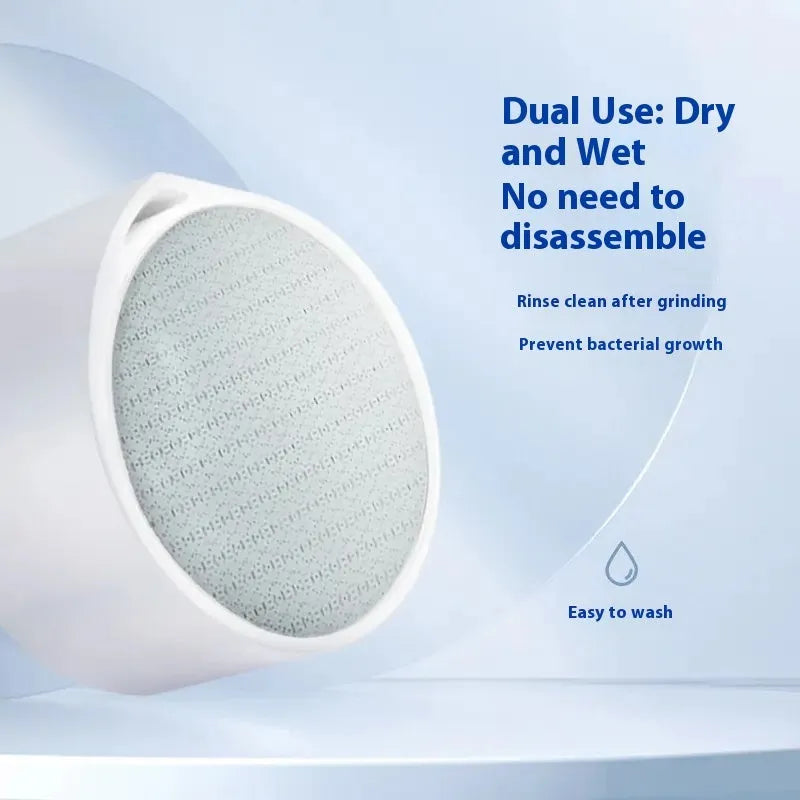 White nano glass 2-in-1 epilator and foot callus remover device on a blue background.