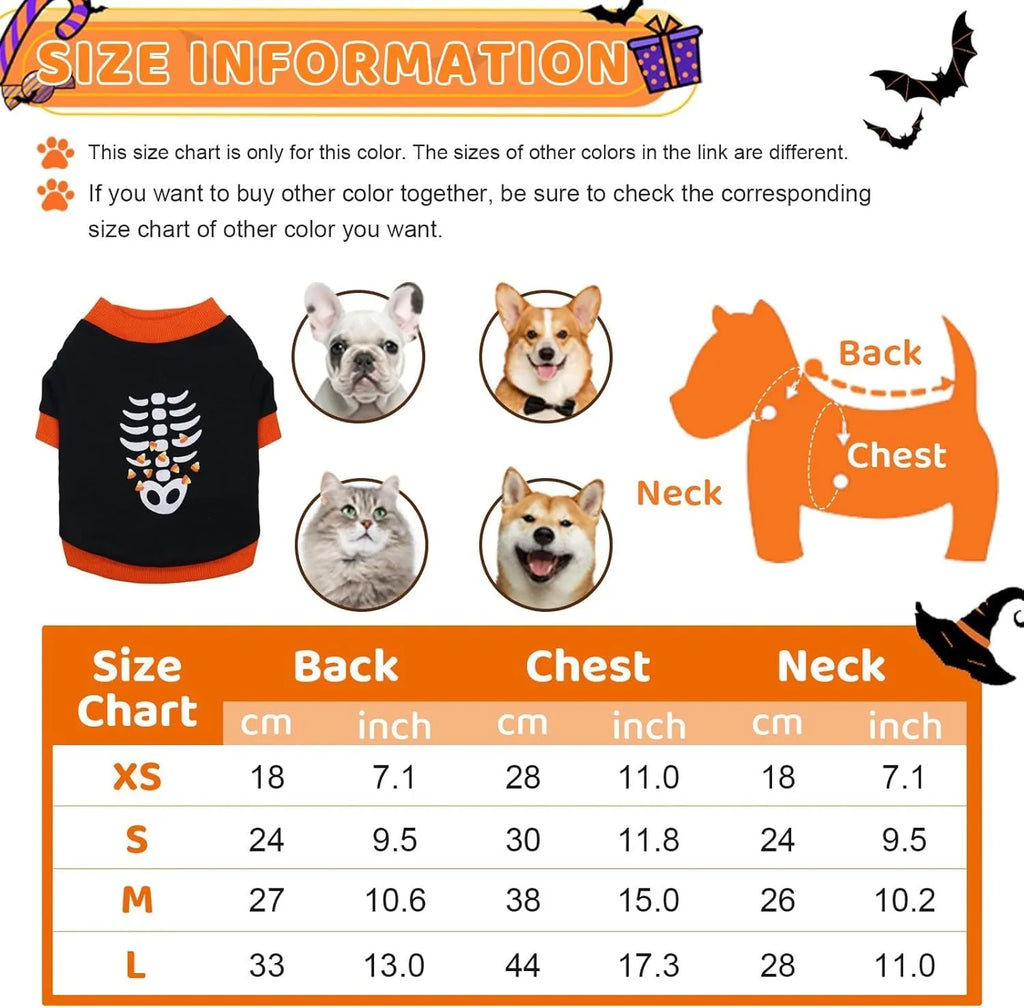 Orange and white dog skeleton costume sweatshirt with ribbed collar on small dog