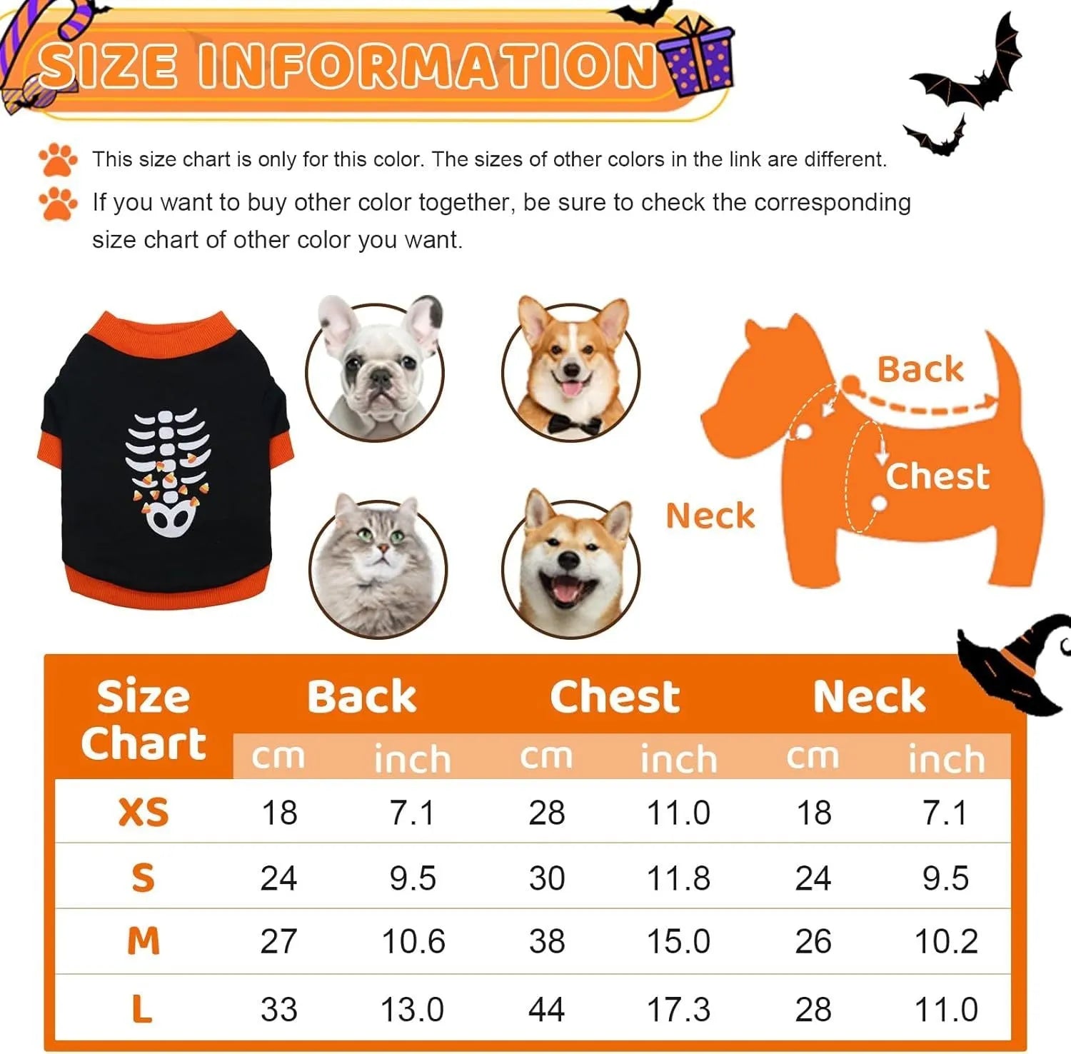 Orange and white dog skeleton costume sweatshirt with ribbed collar on small dog