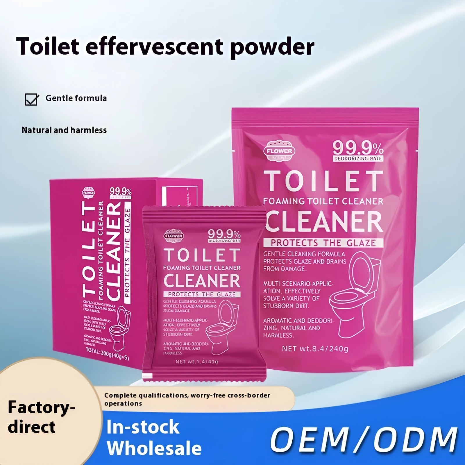 Toilet bubble effervescent cleaning powder in blue ocean and pink floral fragrance packaging options.