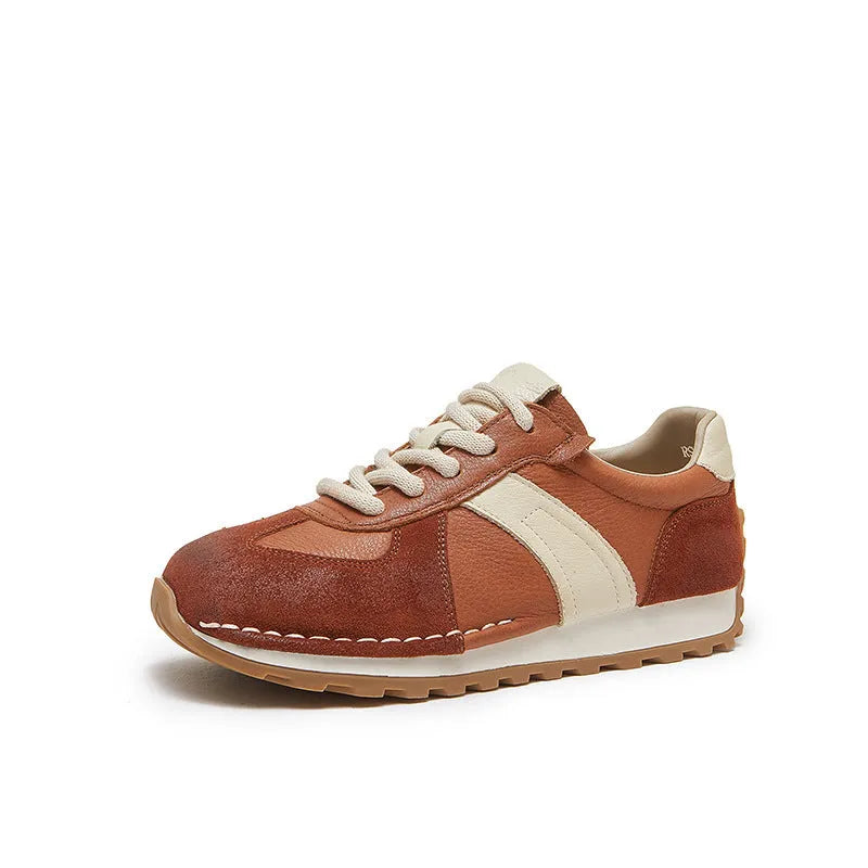 Classic retro casual sneaker in brown genuine cowhide leather with white non-slip rubber sole and low top design