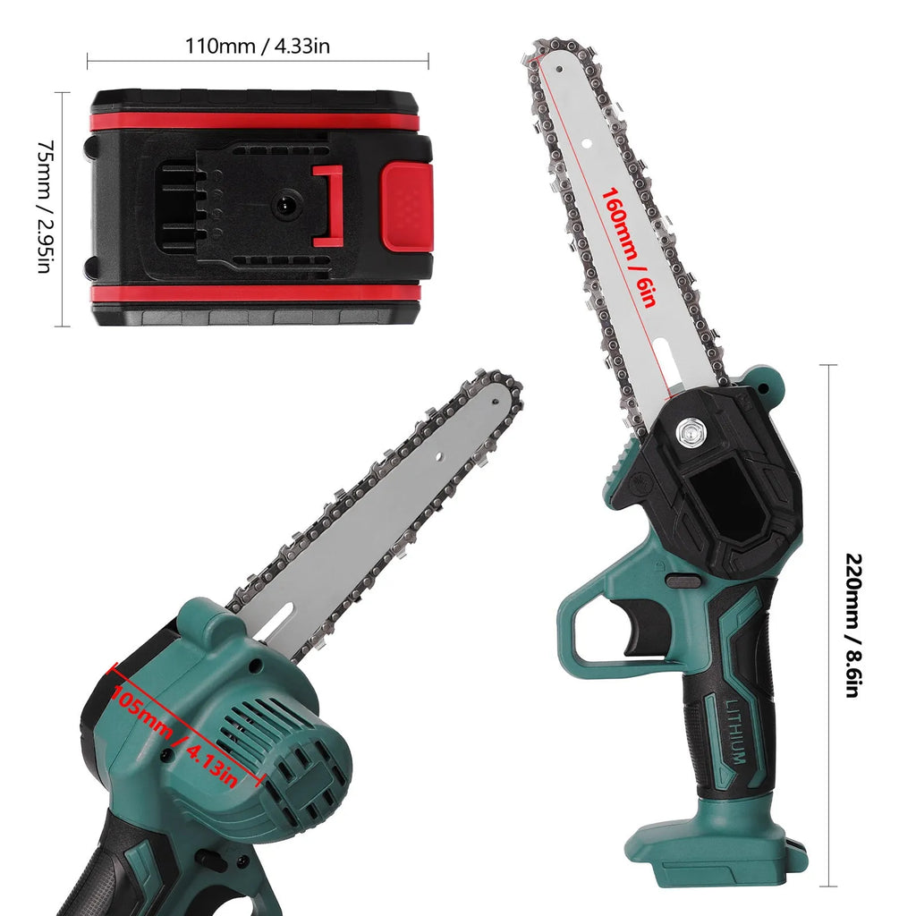Black and green mini electric chainsaw held in one hand, showing compact design and 4-inch cutting bar.