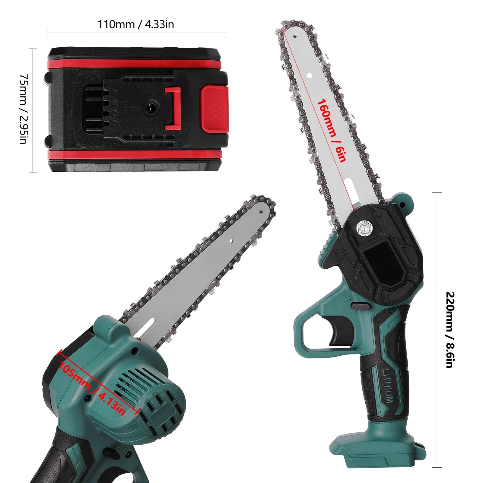 Black and green mini electric chainsaw held in one hand, showing compact design and 4-inch cutting bar.