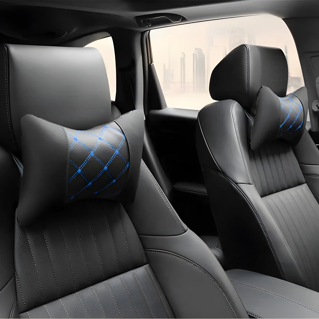 Black quilted artificial leather car headrest pillow with diamond pattern for neck support.