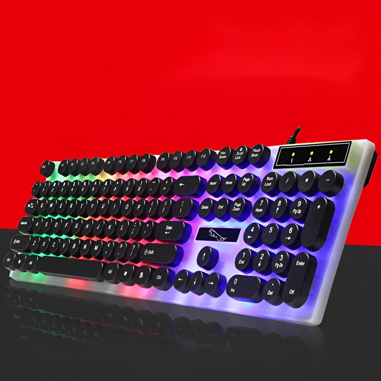 White mechanical gaming keyboard with RGB backlighting and 104-key layout