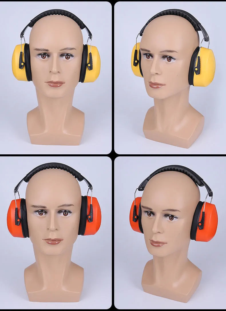 Orange adjustable headband noise-cancelling ear muffs with large black ear cups on a white background.
