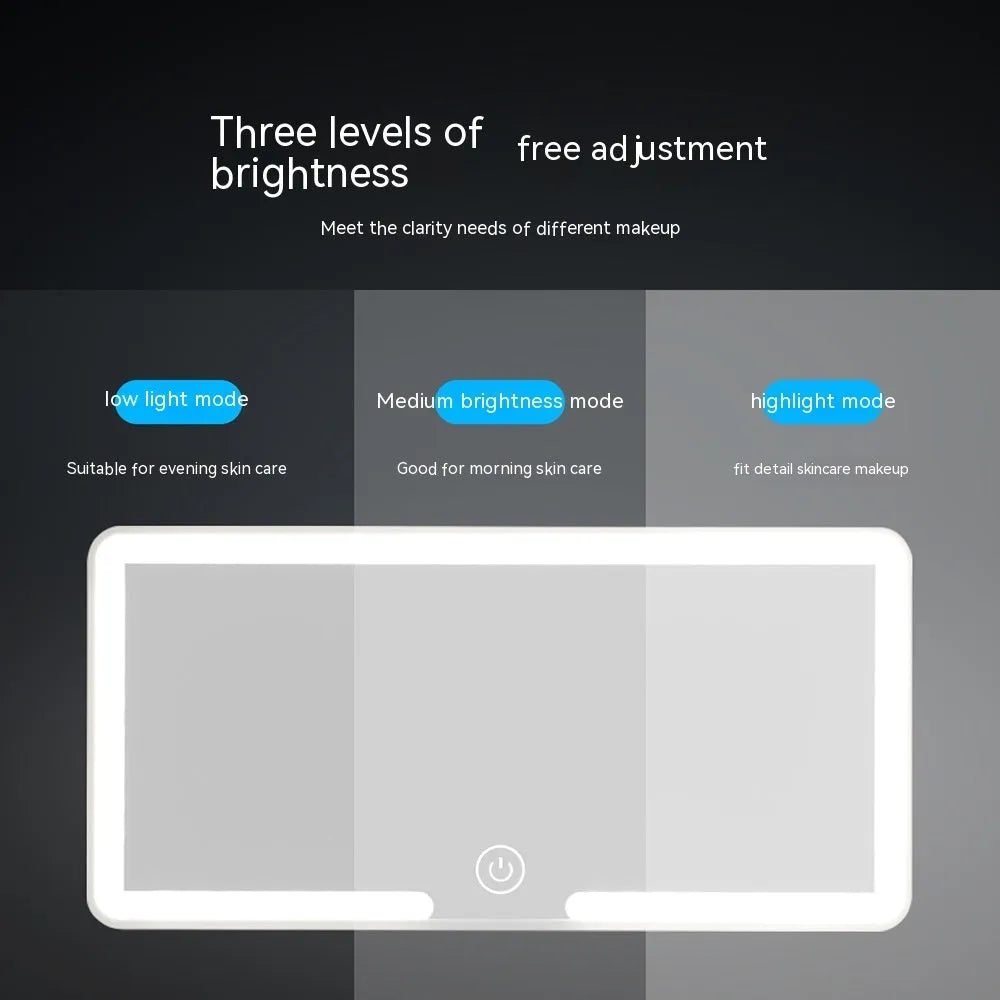 Automotive sun visor mounted LED makeup mirror with dimming control showing dimensions