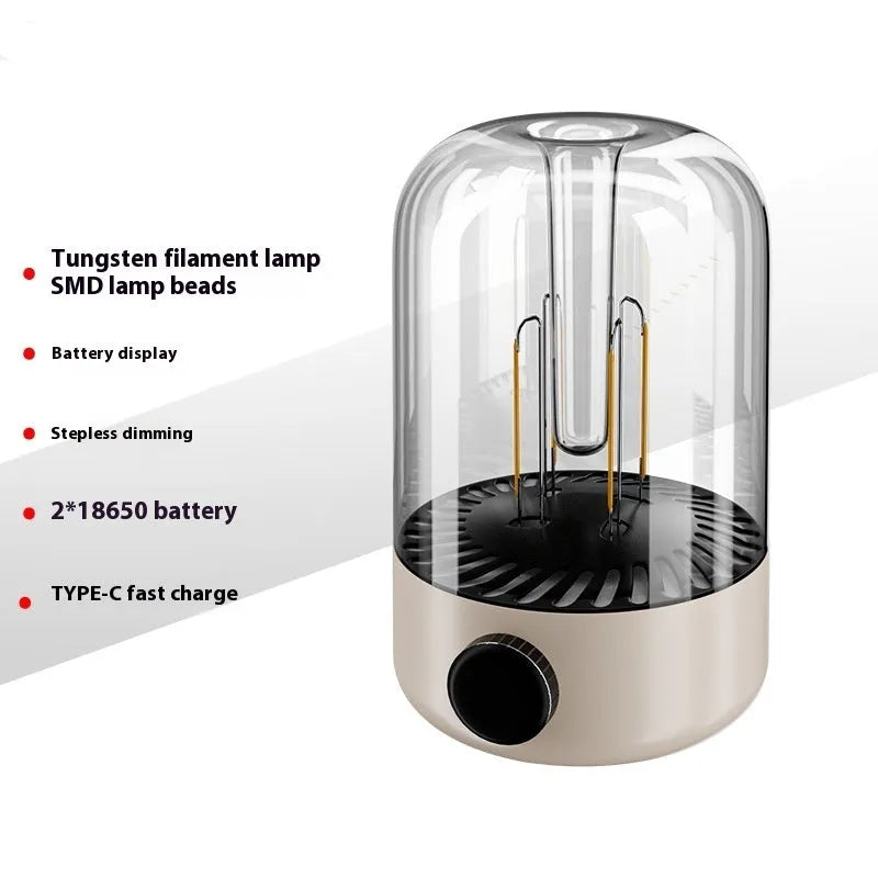Beige and black camping ambience light with knob control, USB port, and dual lamp beads