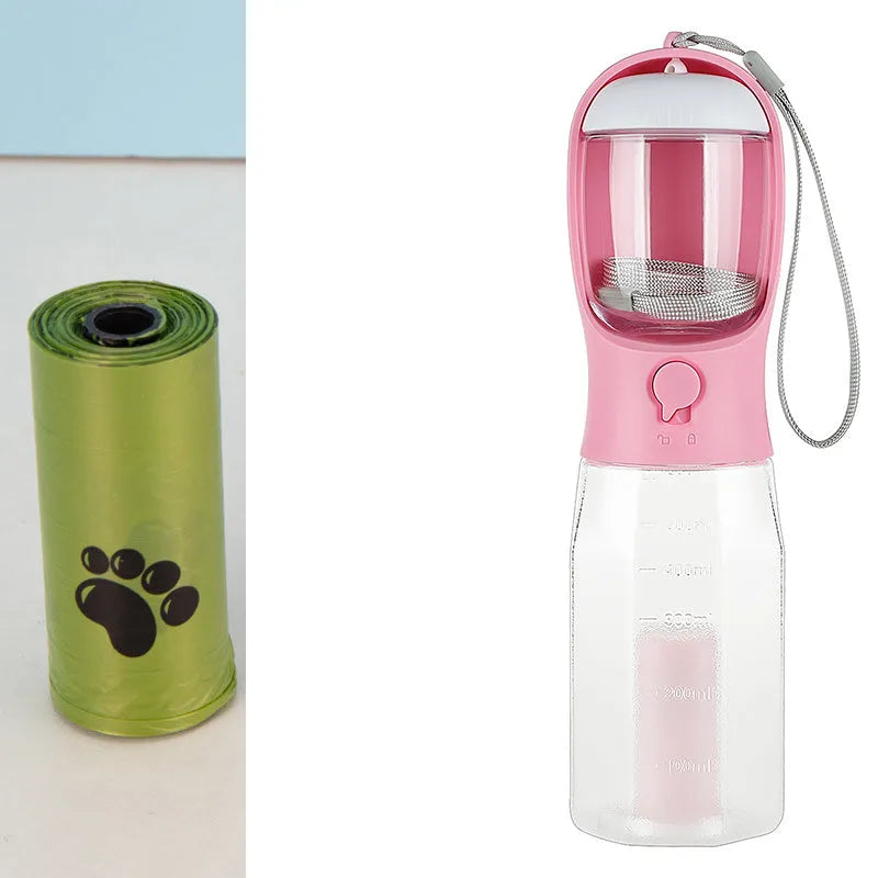 Portable 3-in-1 pet water bottle with 600ml capacity, leak-proof drinker, and poop dispenser in pink