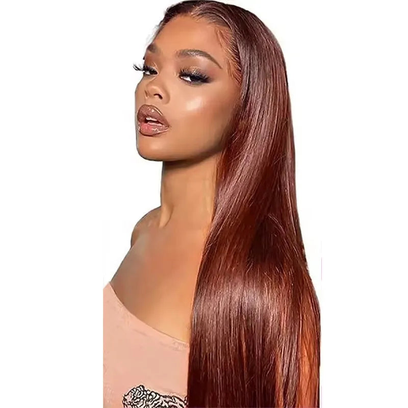 Straight 13x4 human hair lace front wig, hand woven, 150% density, 20 inch length, long straight style with side bangs.