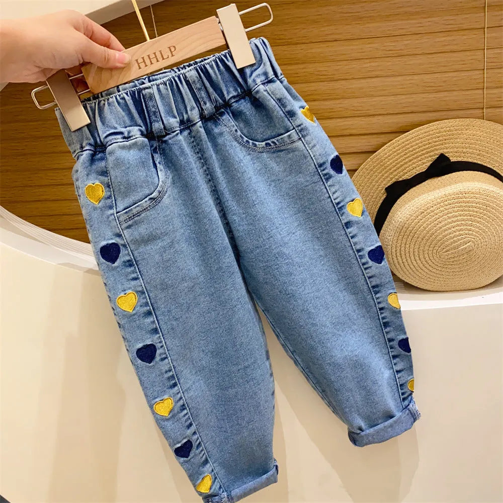 Girls Korean style harem jeans in embroidered cherry pattern, cotton denim, mid waist elastic waistband