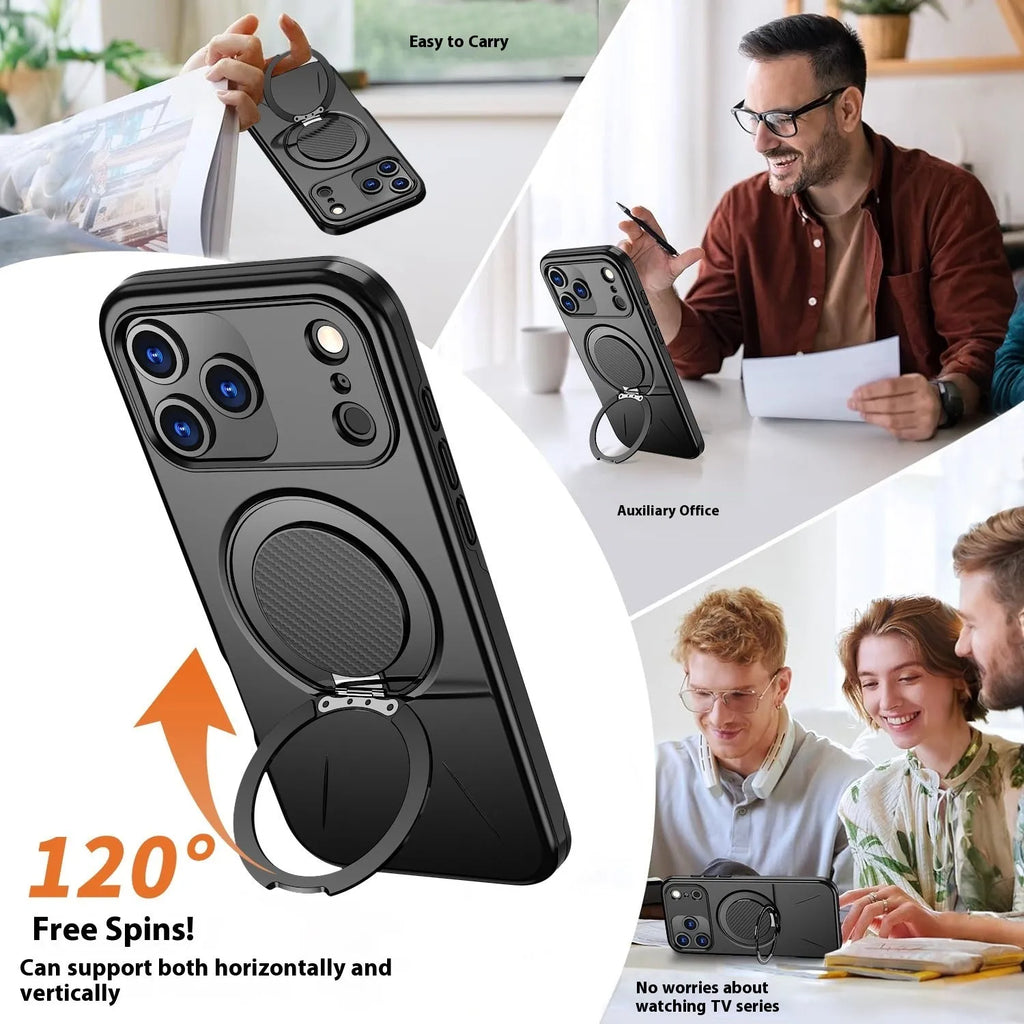 Rotating damping magnetic bracket phone case for iPhone 17Pro in black showing kickstand deployed