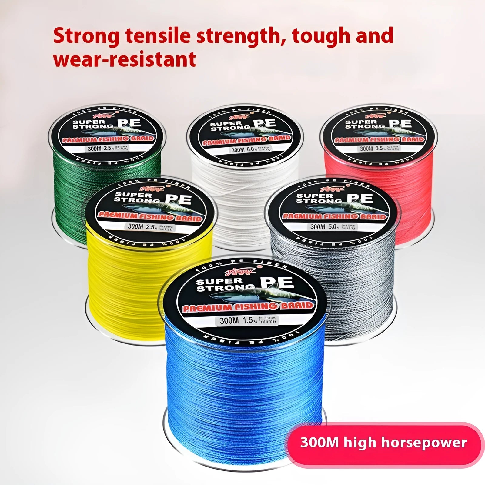 Dali Mayu PE braided fishing line spool in multiple colour options showing 300m length