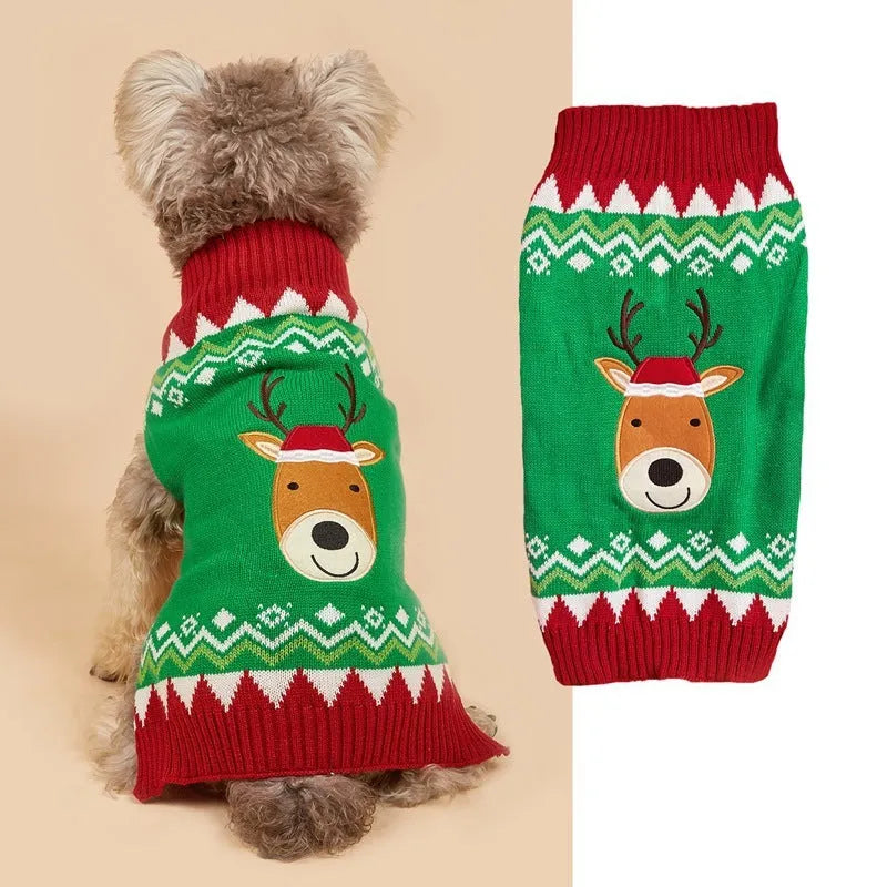 Pet dog wearing acrylic knit Christmas costume with red Santa hat and white snowflake pattern on a white background