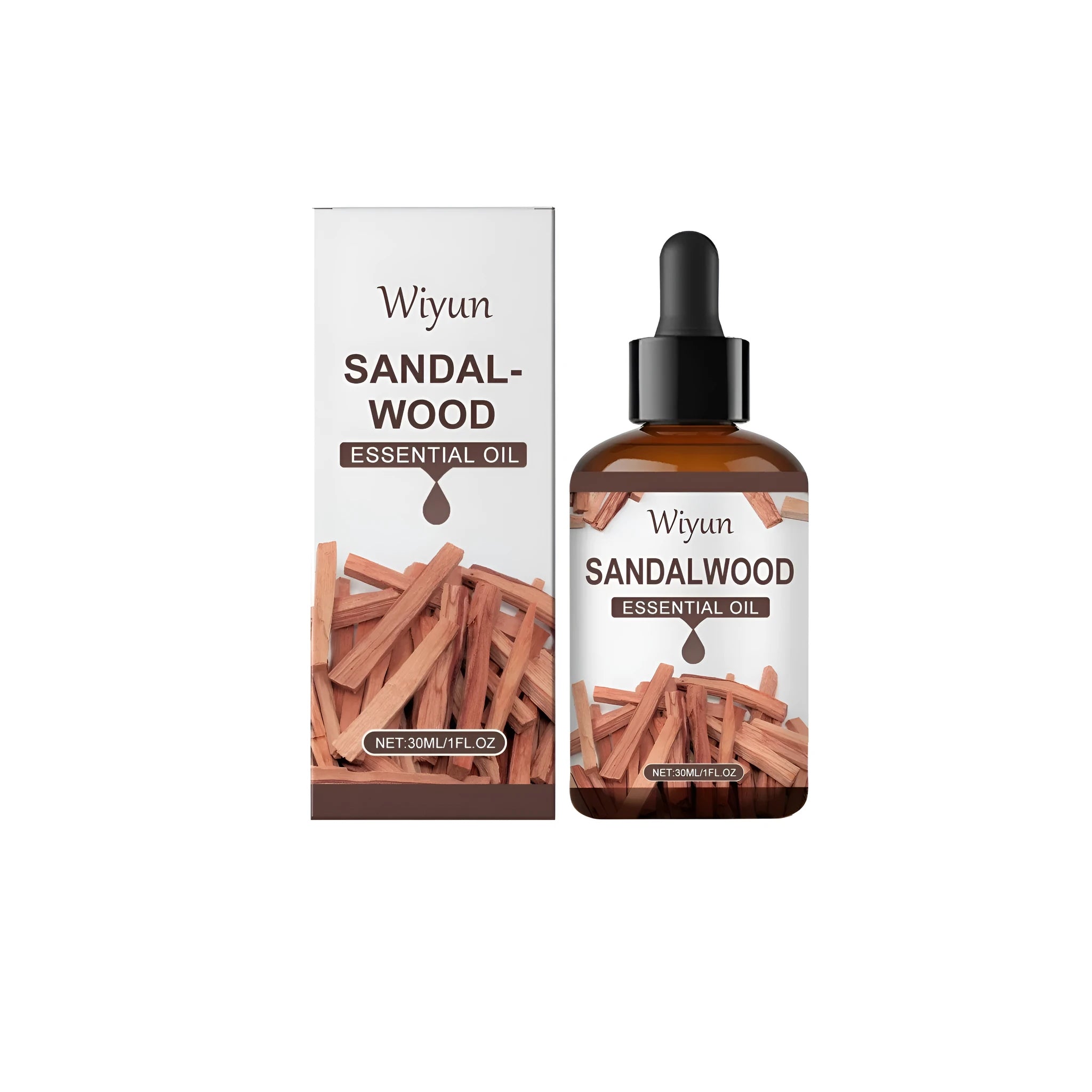 30ml amber glass bottle of sandalwood fragrance oil with ingredients label