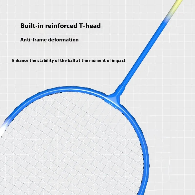 Pair of blue and red ultra-light aluminium alloy badminton rackets with split-frame design on a court.