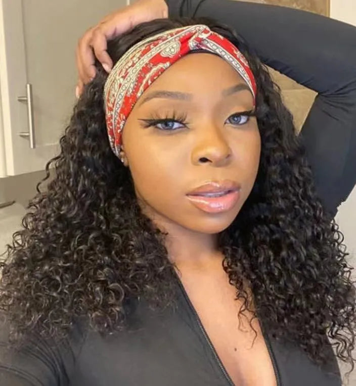 European American women's head scarf wig with ice silk headband, long curly high temperature wire hair, 14-28 inches
