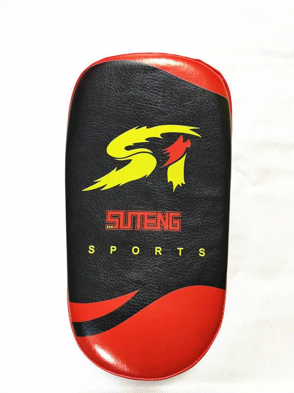 Black and red square hand-held boxing foot target pad with a rear buckle.