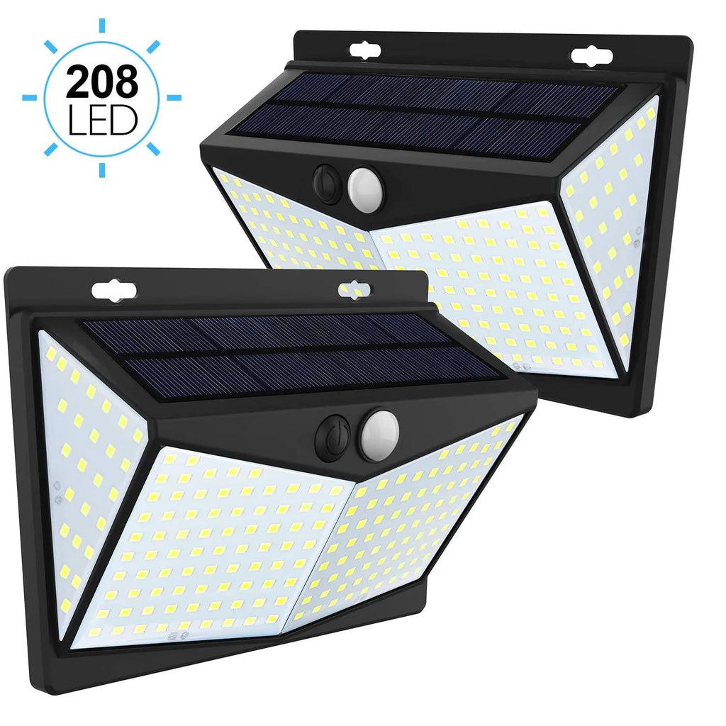 Solar wall lamp with 208 LEDs, motion sensor, and IP65 waterproof rating for garden and yard use.
