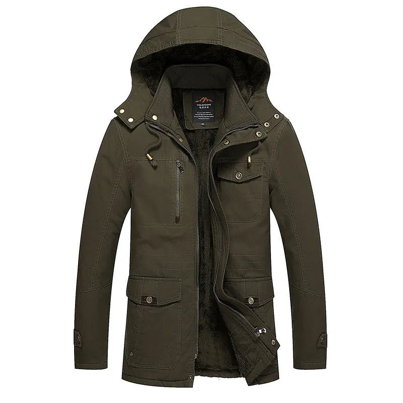 Men's fleece-lined cotton jacket in khaki, black or army green, long sleeve, sizes L to 5XL
