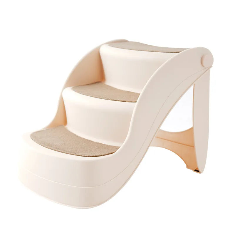 Foldable plastic pet steps in beige colour with non-slip mat for small dogs and cats.