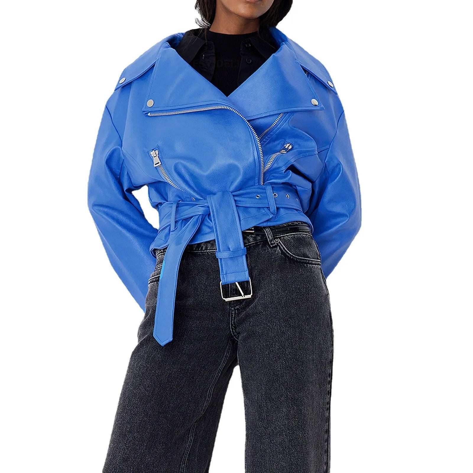 Black leather-style punk jacket with a Peter Pan collar and a drawstring waist, laid flat.