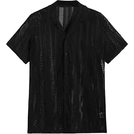 Men's black and white short-sleeved knitted cardigan shirt with button front and jacquard fabric texture