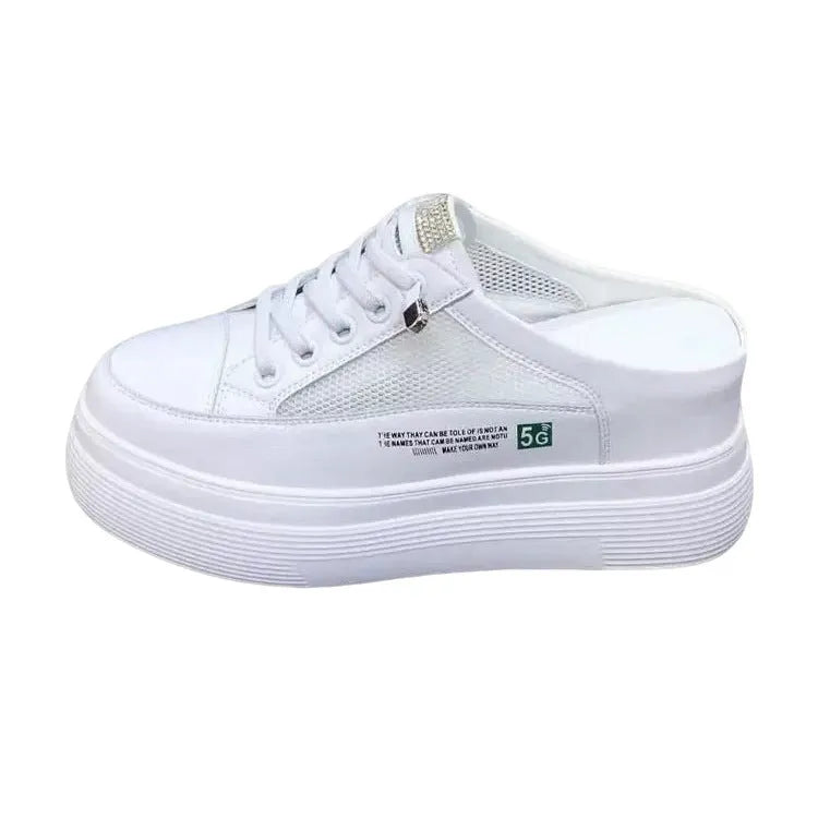 White women's platform shoes with mesh surface and heel-free design