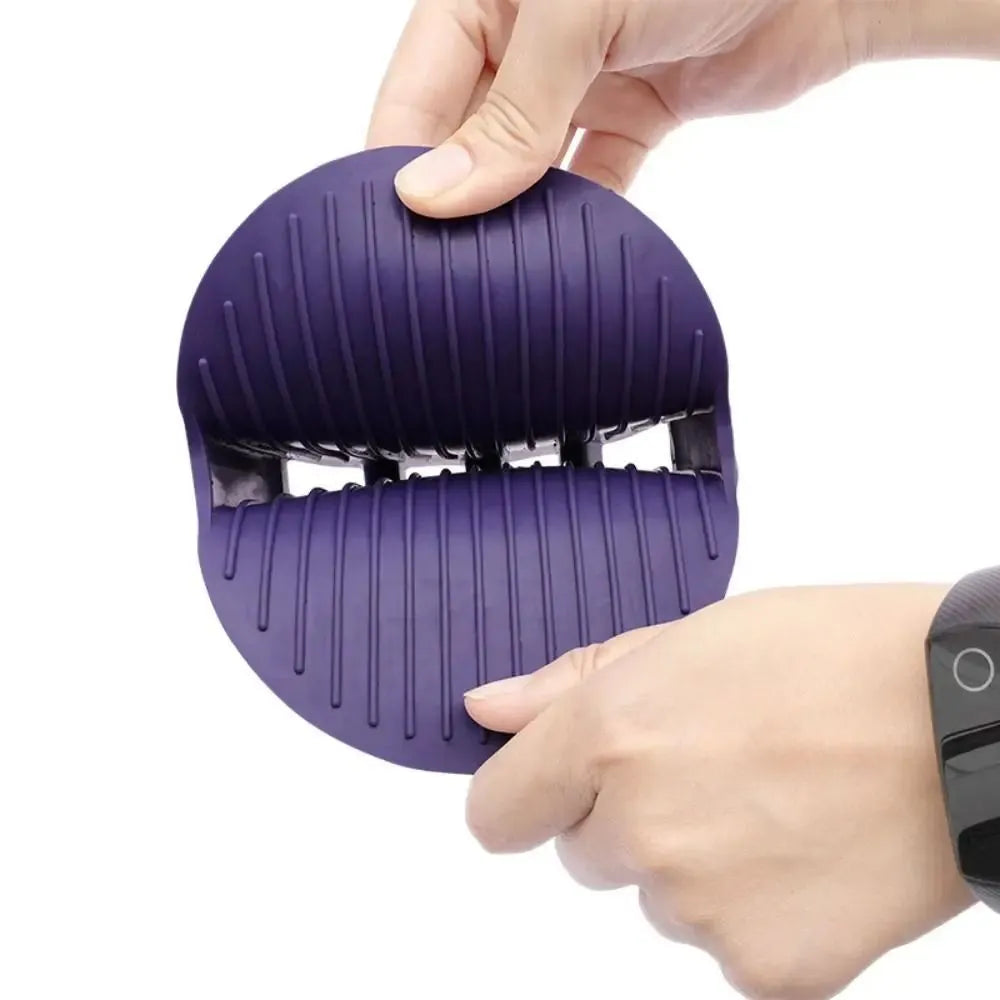 Purple pet grooming brush with dual-sided design and ergonomic handle for dog and cat bathing