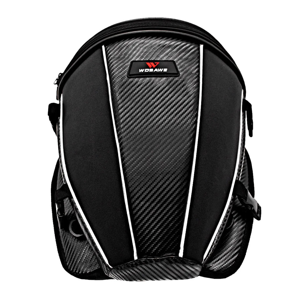 Black motorcycle waterproof crossbody bag with reflective strips and multiple pockets