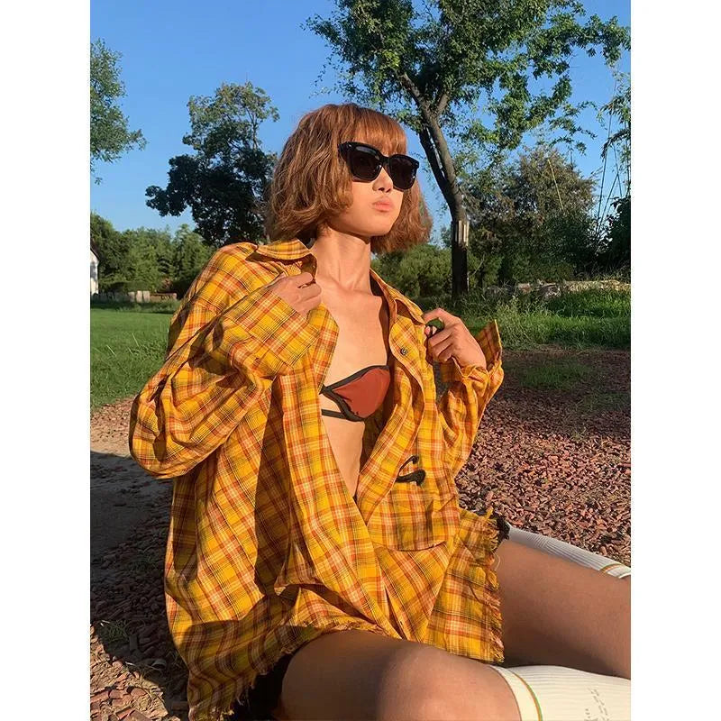 Original American dopamine yellow plaid loose fit casual shirt for men and women