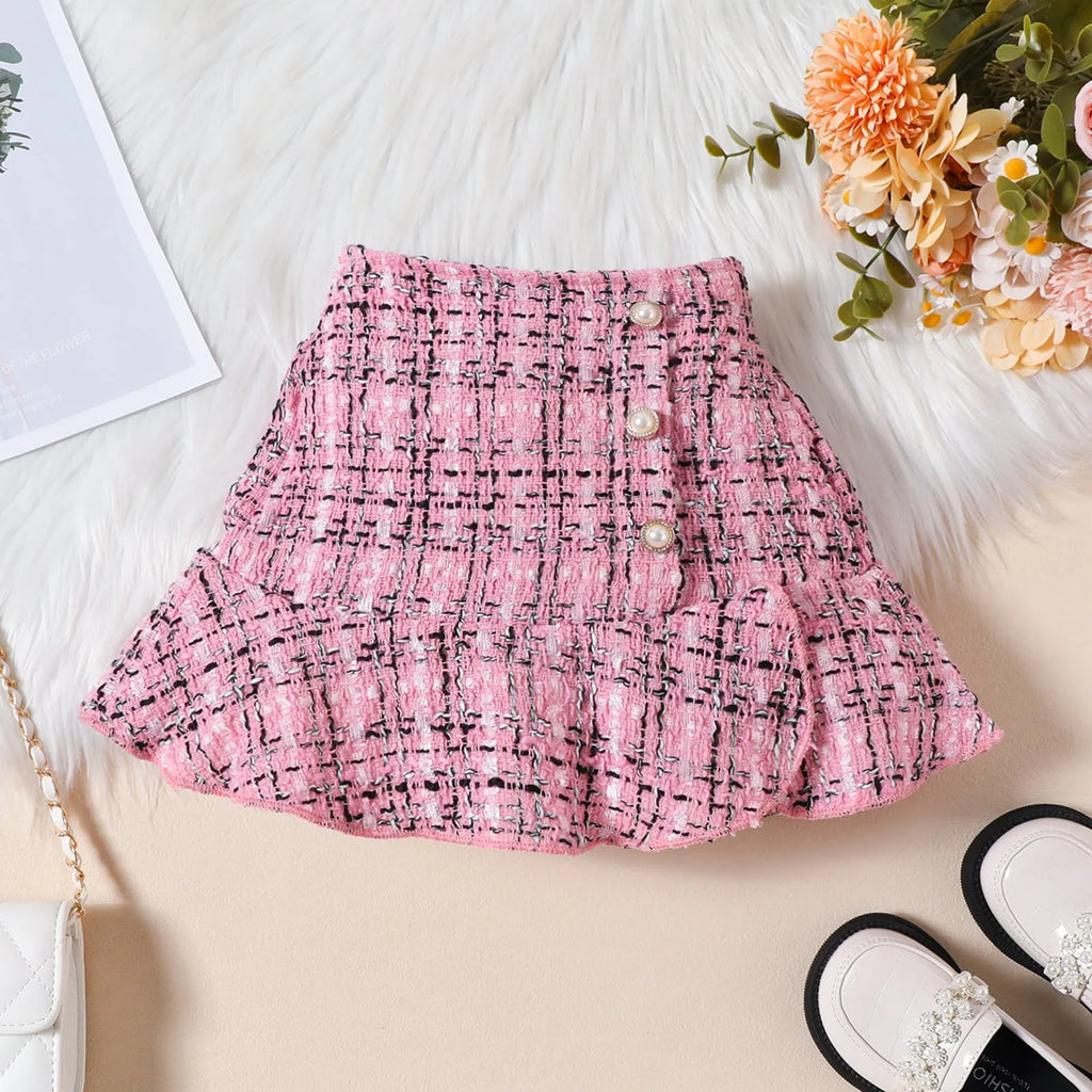 Girls plaid three-piece skirt suit with long sleeve top, fishtail skirt and hat in pink or black, cotton summer set