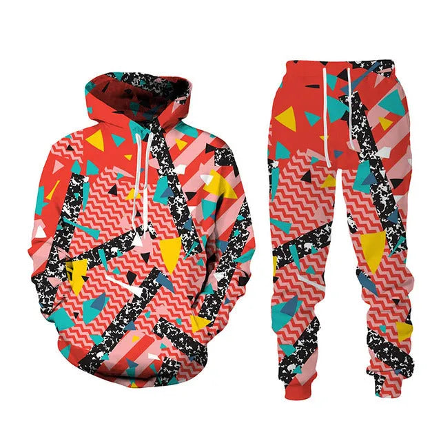 3D printed sports hoodie and long pants set for men, loose fit, black colour