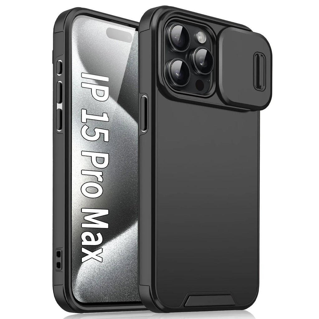 Frosted sliding window phone case for iPhone 14 in black, shockproof TPU PC design